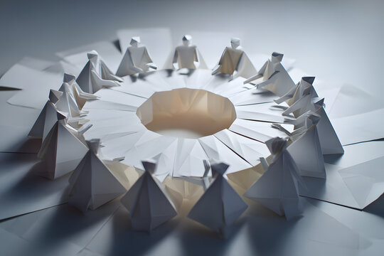 Round table made from folded paper, diverse origami people collaborating equally, flat-lay modern corporate aesthetic, soft lighting