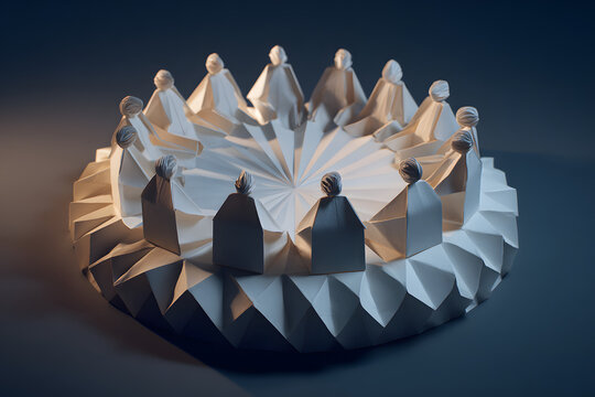 Round table made from folded paper, diverse origami people collaborating equally, flat-lay modern corporate aesthetic, soft lighting