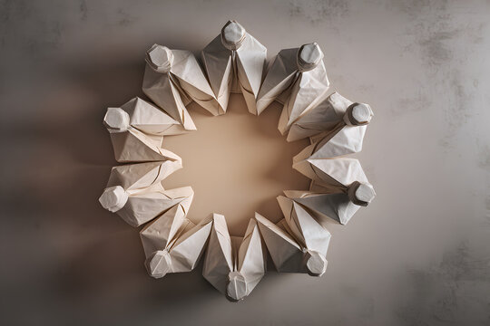 Round table made from folded paper, diverse origami people collaborating equally, flat-lay modern corporate aesthetic, soft lighting
