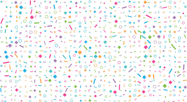 A vibrant pattern of scattered colorful geometric shapes including circles stars and diamonds on a clean white surface