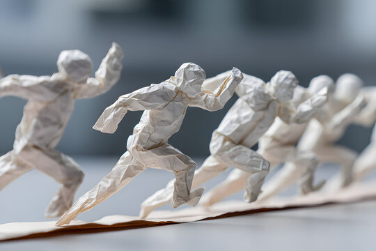 Team sprinting on a folded-paper track led by a determined leader, energetic movement, modern corporate motivation