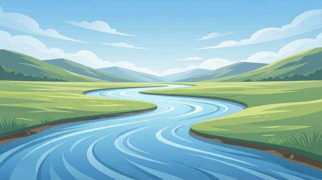 Winding river flowing between green hills under blue sky