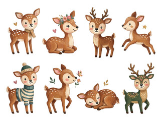 Obraz premium Set of cute baby deer illustrations on transparent background. Woodland animal cartoon characters for nursery decor and greeting card design. Forest wildlife painting in watercolor style.