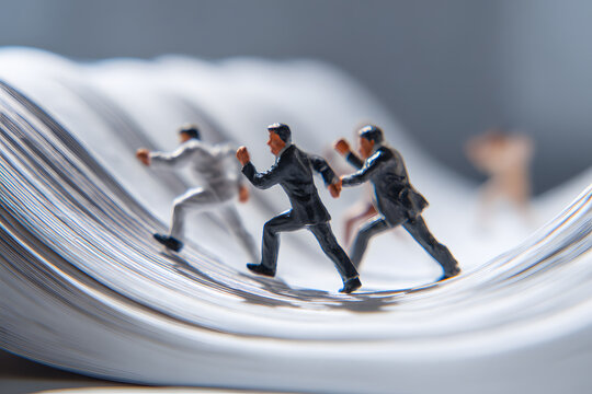 Team sprinting on a folded-paper track led by a determined leader, energetic movement, modern corporate motivation