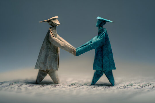 Two business leaders made of origami shaking hands over a folded-paper contract, negotiation symbolism, clean lighting