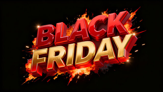 Conceptual 3D illustration of a bold black friday text typography with fire flame explosion for commercial big sale promotion background.