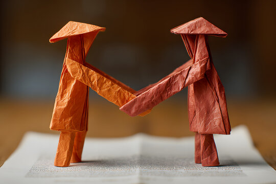 Two business leaders made of origami shaking hands over a folded-paper contract, negotiation symbolism, clean lighting