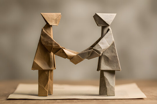 Two business leaders made of origami shaking hands over a folded-paper contract, negotiation symbolism, clean lighting