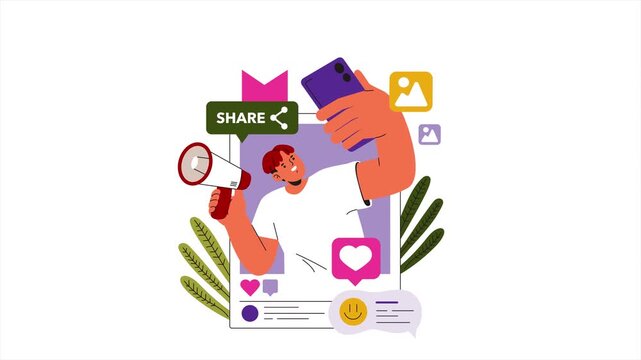 Person shares social media post on phone with hand holding magnifying glass and heart icon