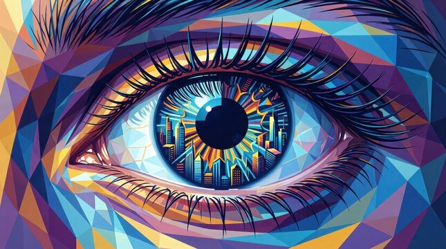 Geometric eye showing urban skyline reflection in iris
