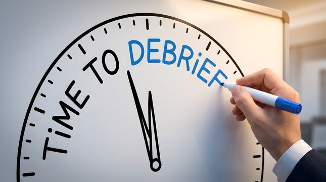 Manager writes the phrase time to debrief on a large white clock to emphasize the importance of project review and evaluation.