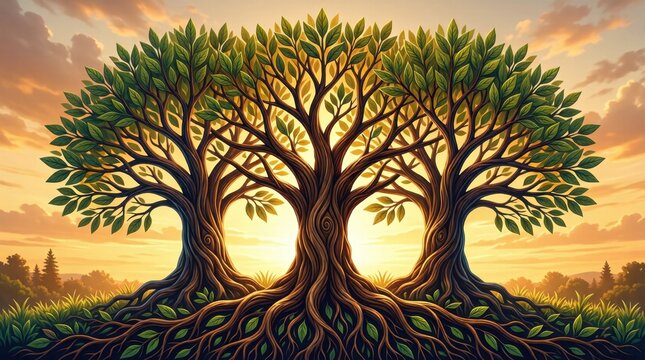 Three intertwined trees showing exposed roots at sunset landscape