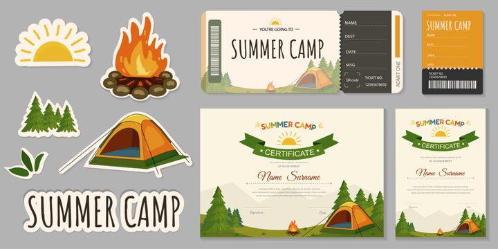 Summer camp branding set with stickers, tickets and certificates. Horizontal vector illustration featuring forest, tent and bonfire for youth outdoor activities and camping events.