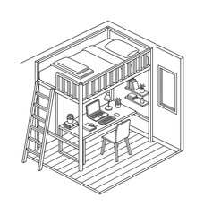 Isometric line art illustration of a compact room with loft bed and study desk © SharpPath