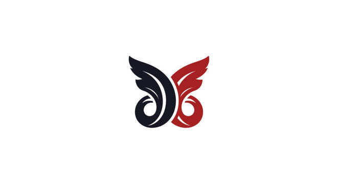 Butterfly logo with red black wings.