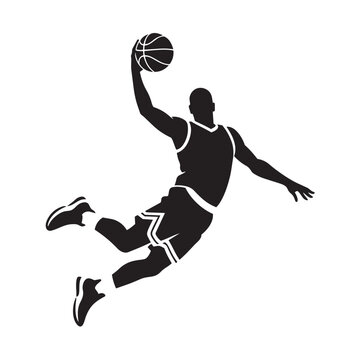 Basketball player dunking a ball silhouette graphic slam dunk black and white team sport