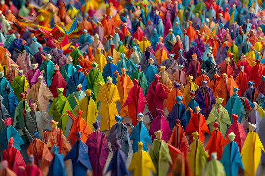 Large crowd of diverse people in colorful origami form inside a town