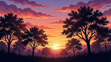 Fototapeta premium Silhouetted trees at sunset over rolling hills and colorful sky