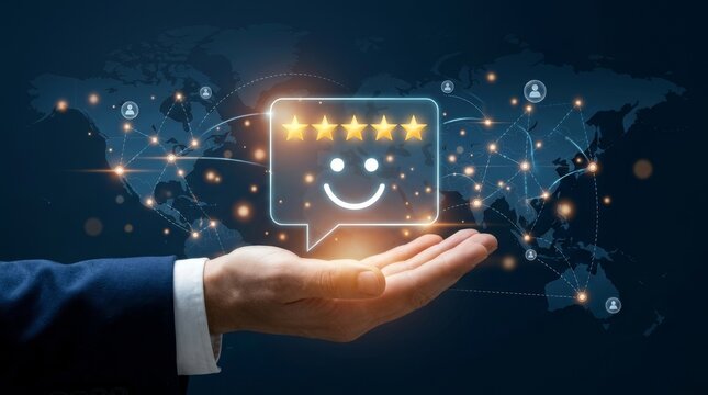Customer satisfaction survey concept with 5 stars and smiley face icon.