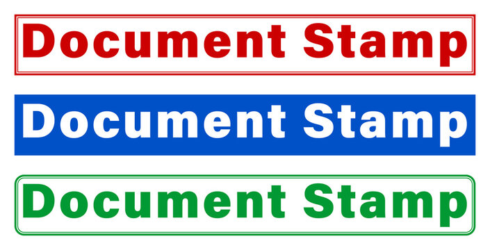 Three colorful document stamp labels with different background colors