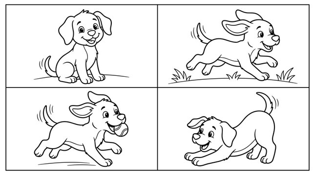 Cute cartoon puppy dog coloring page vector with playful pet outline character and dog bones paw prints icons pattern