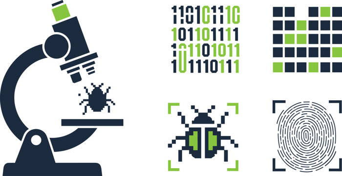 Malware analysis microscope icon set with pixel software bug malware data matrix binary code and biometric fingerprint security scan symbols