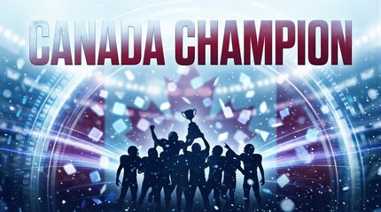 Fototapeta premium Silhouette of American football players celebrating victory with trophy. Canada champion text on background. Sport team success and winning tournament concept for national sporting event.