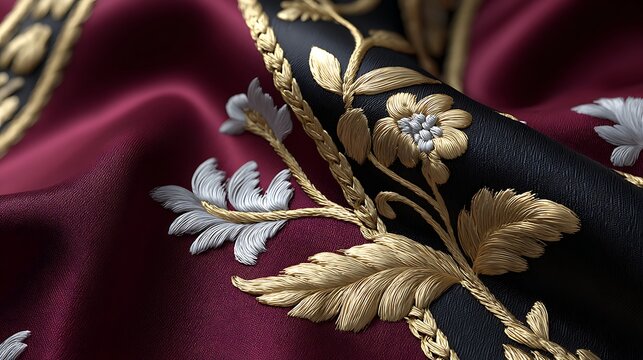 Close-up of luxurious embroidered fabric with gold and silver thread detailing