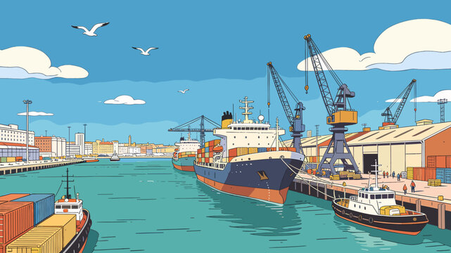 A bustling harbor scene with large cargo ships being loaded and unloaded by cranes, with smaller boats and seagulls in the water under a clear blue sky.