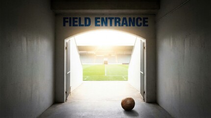 Obraz premium View from tunnel to soccer field entrance with ball on ground. Concept of athlete entering stadium for professional football match. Sports competition and tournament excitement atmosphere.