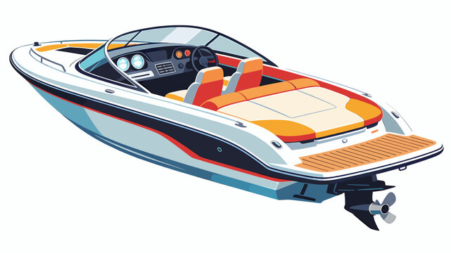 A sleek white and orange speedboat with an open deck and a powerful outboard motor, ready for water sports and leisure activities.