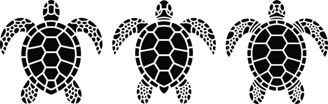 Sea turtle silhouette collection with geometric shell patterns isolated on light background for marine and wildlife design