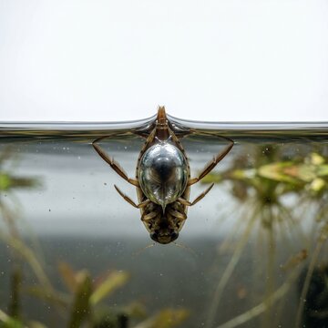 Backswimmer breaking surface film to breathe showing ventral silvery air store