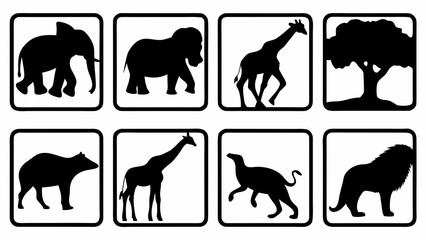 Set of black silhouettes of wild animals and a tree in square frames © VectorStudio