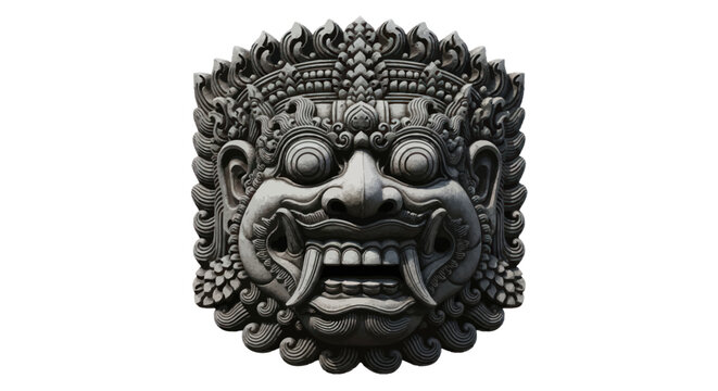 Ornate Stone Guardian Mask Sculpture, Bali Temple Decor, Intricate Detail, White Background