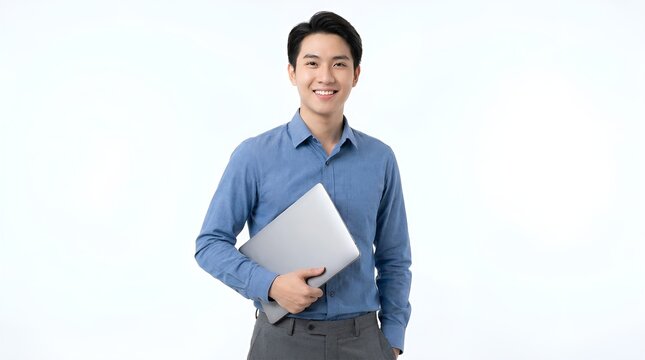 Smiling Asian businessman holding a laptop in a studio with a clean white background.