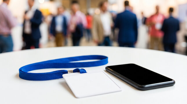 Close-up of a developers conference badge and smartphone on a white table with a blurred software conference crowd in the background, featuring vibrant colors and