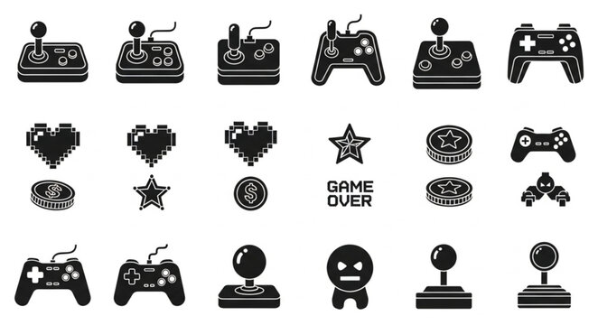 Collection of Vintage and Modern Video Game Controllers and Icons.
