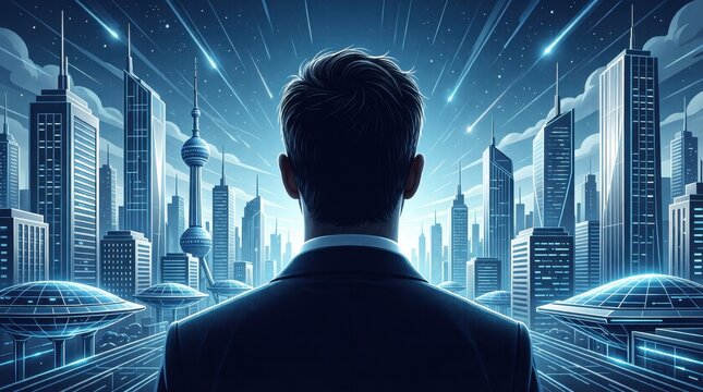 Man overlooking futuristic cityscape from rooftop vantage