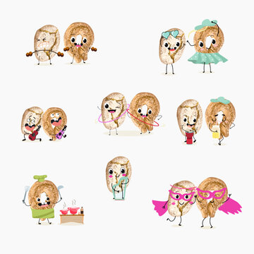 Funny Characters Ricciarelli, Torcetti, italy dessert, hand drawn vector illustration.