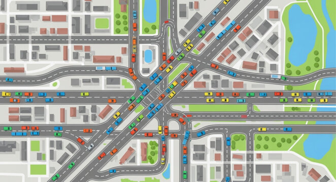 Busy city intersection with traffic congestion and buildings.