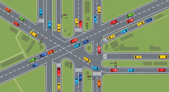 Busy City Intersection with Many Cars and Traffic Lights.