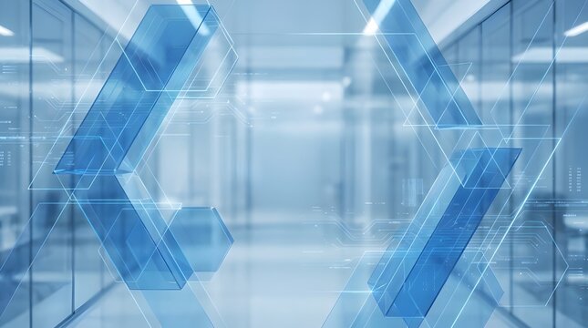 Abstract digital background featuring blue glowing code brackets and futuristic geometric structures representing software development and cyber security.