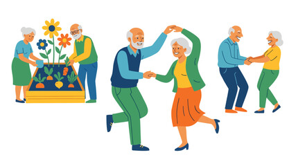 Happy seniors enjoying a variety of activities like dancing and gardening