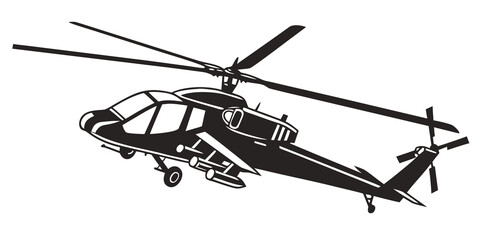 Black and white vector graphic of tactical attack helicopter with helicopter military tactical aircraft aviation transport silhouette isolated machinery propeller weaponry illustration © Lisa