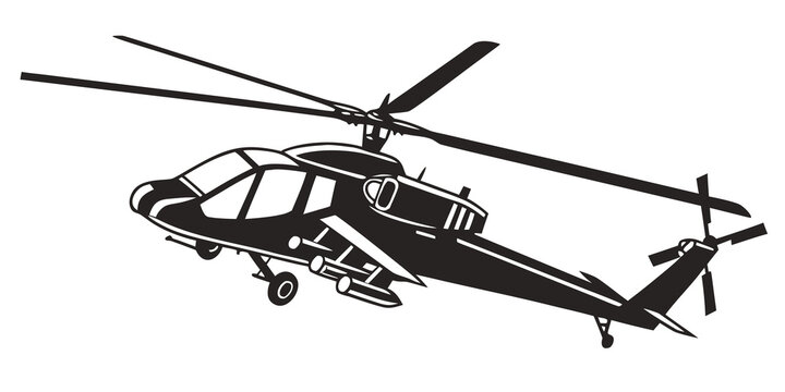 Black and white vector graphic of tactical attack helicopter with helicopter military tactical aircraft aviation transport silhouette isolated machinery propeller weaponry illustration