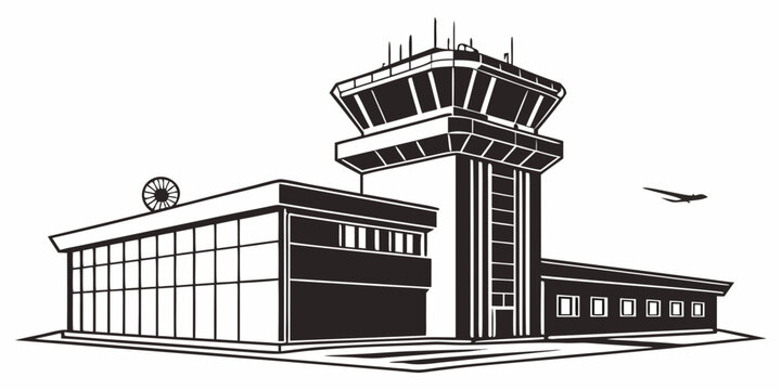Airport control tower with airplane flight vector illustration airplane aviation navigation terminal logistics building transportation illustration monochrome isolated structure departure
