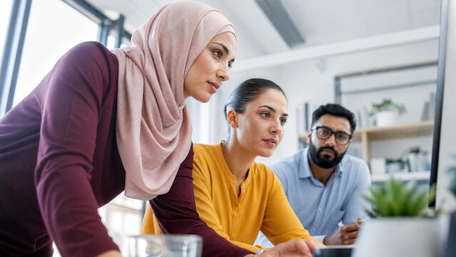 Focused Diverse Business Team Working Together on Computer in Modern Office