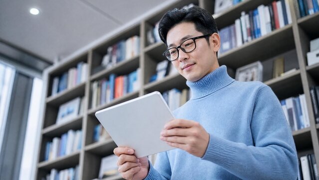Smart Asian Professional Man in Glasses Using Digital Tablet in Modern Library