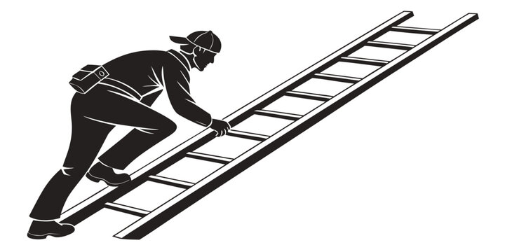 Worker climbing ladder wearing cap side view illustration with blue collar climbing construction maintenance tradesman industry contractor carpenter renovation technical silhouette building